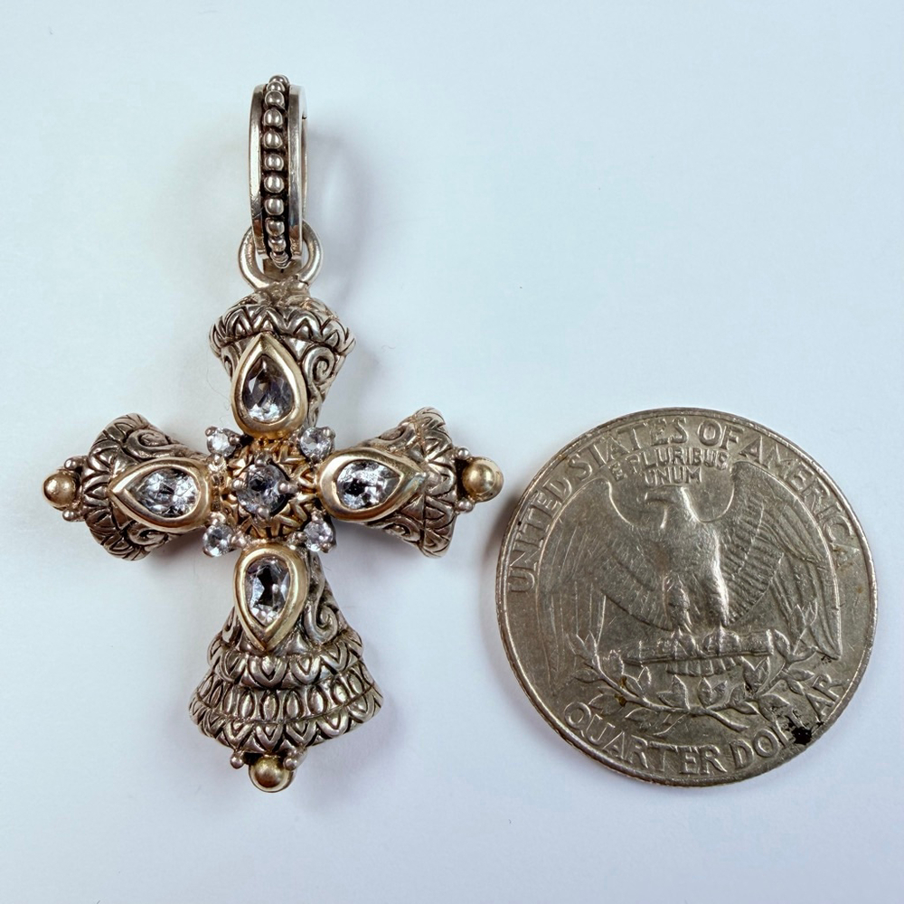 18K Yellow Gold Barbara Bixby White Topaz 925 Sterling Silver Cross Pendant - Picture 7 of 8